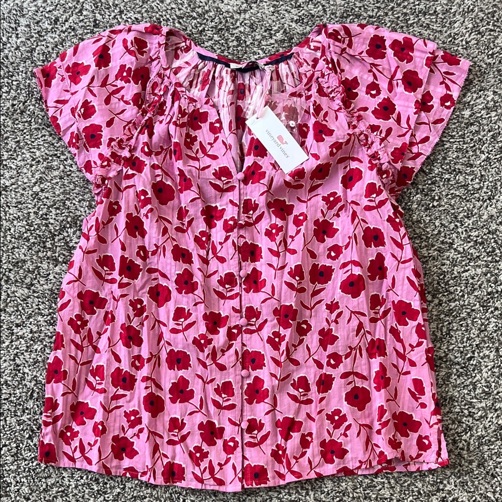 Vineyard Vines Pink and Red Floral Print Top
